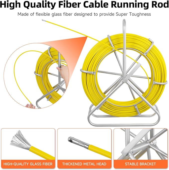 Fish Tape Fiberglass, 500FT, 1/4in, Duct Rodder Fish Tape Wire Puller, Electrical Fish Tape Cable Running Rod with Steel Reel Stand, Fishing Tools for Walls & Electrical Conduit
