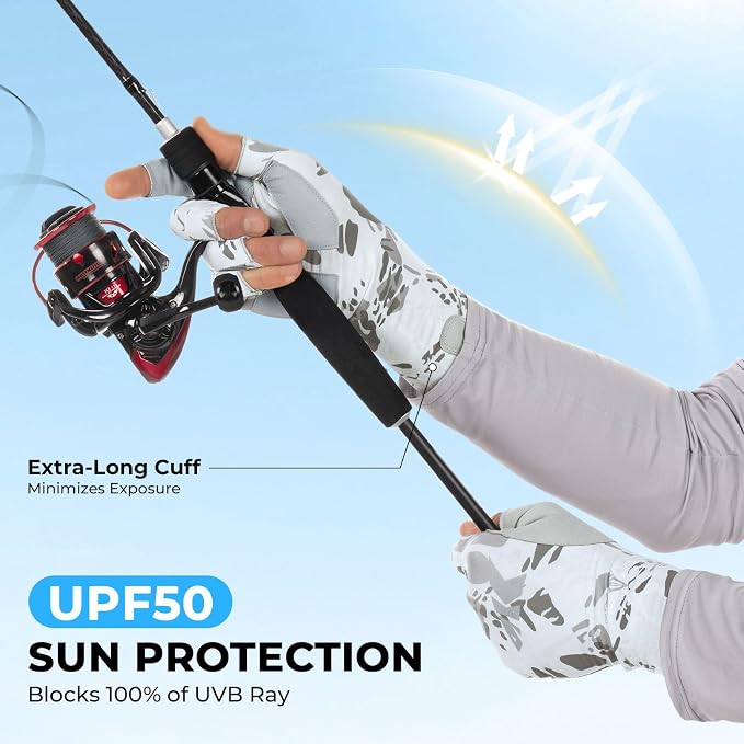KastKing Agies Fishing Gloves Men, UPF 50+ Sun Gloves UV Protection, Cooling Quick-Dry 3/4 Fingerless Gloves with Extended Cuff, Microfiber Palm & Pull Tabs, for Fishing, Kayaking, Hiking, Hunting