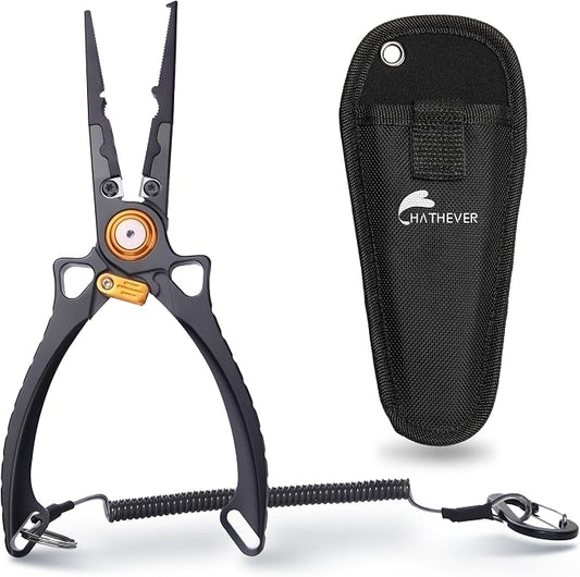 Fishing Pliers Hook Remover, Saltwater Split Ring Pliers with Safety Lock, Fishing Gear with Sheath and Lanyard, Fishing Gifts for Men