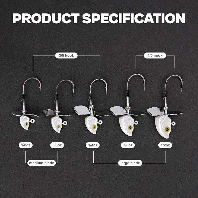 10-Pack Asymmetrical Spin Fishing Jig Head, 100% Brass Blade with Hand-Tied Bait Keeper for Bass 1/8 /3/16 1/4 3/8 & 1/2oz