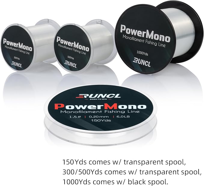 RUNCL PowerMono Fishing Line, Ice Monofilament Fishing Line 300/500/1000Yds - Ultimate Strength, Shock Absorber, Suspend in Water, Knot Friendly 3-35LB, Low & High-Vis Available, Gift Decoration