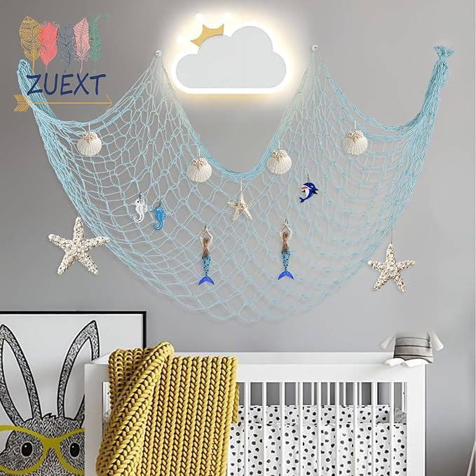 ZUEXT Fish Netting Decoration Light Blue 80x40 Inch, 2 Pack Large Picture Fish Net,Wall Photo Hanging Fishnet for Nautical Mermaid Pirate Ocean Theme Hawaii Beach Under The Sea Party Decoration