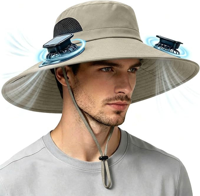Solar Powered Fan Hat for Men Women Wide Brim Hat with 2 Fans UPF 50+ Outdoor Fishing Beach Sun Hat
