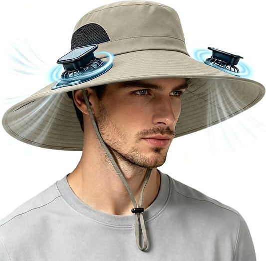 Solar Powered Fan Hat for Men Women Wide Brim Hat with 2 Fans UPF 50+ Outdoor Fishing Beach Sun Hat