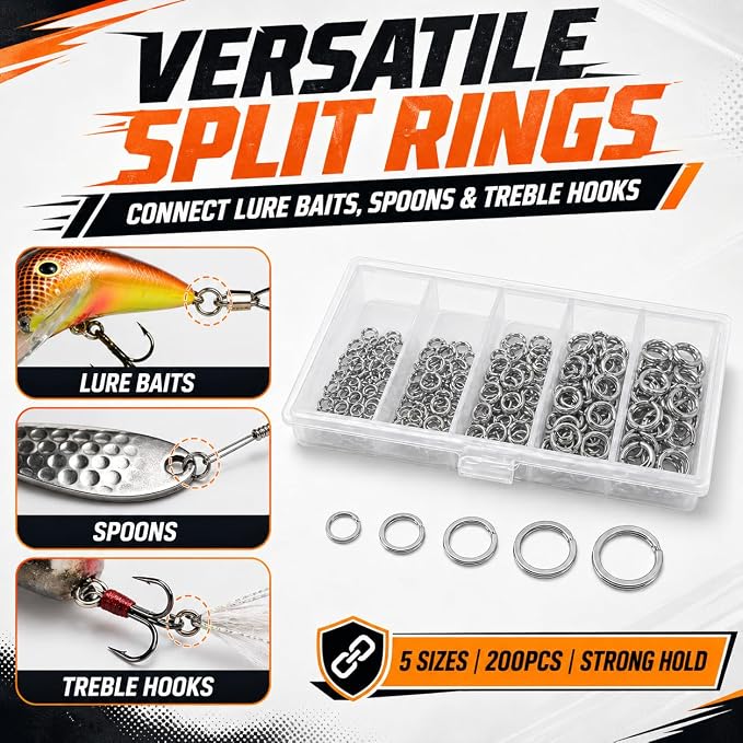 200PCS Fishing Split Rings Kit, Split Ring Pliers & 4.7'' Fish Lip Gripper, 5 Sizes Heavy Duty Stainless Steel Lure Hook Connectors, 30-120lb Tackle Assortment for Saltwater Freshwater Fishing