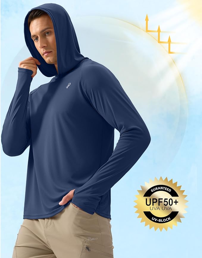 Pudolla Men's Sun Protection Hoodie Shirts UPF 50+ Rash Guard SPF Long Sleeve Fishing Shirt for Men Swim Hiking Boating