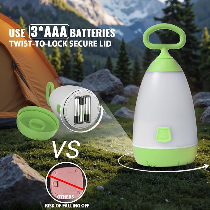 2-Pack Kids Camping Lantern & Night Light, Battery Operated, 360° Eye-Safe Light, IPX4 Waterproof RGB Portable for Family RV Camping (Green & Red, 6× AAA Included)