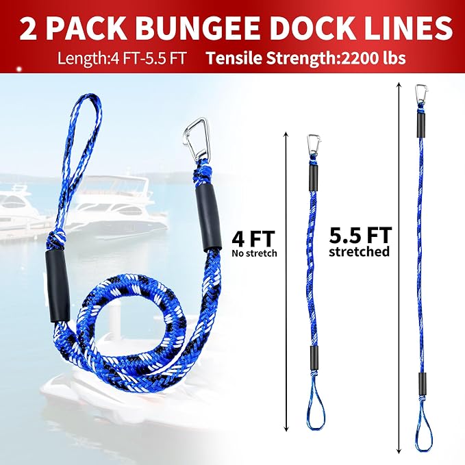 Bungee Dock Line with Stainless Steel Clip – Boat Dock Rope with Foam Float for Kayak, Canoe, Pontoon, Watercraft, SeaDoo, Docking – 4–5.5 ft, 2 Pack（Blue&White）
