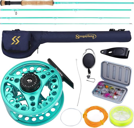 Sougayilang Fly Fishing Combo, 4 Piece Fly Rod and CNC Machined Aluminum Alloy Reel Complete Starter Package with Rod Bag