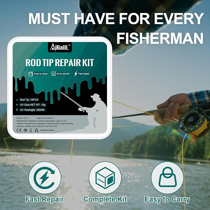 Fishing Rod Tip Repair Kit, Complete Supplies for Fishing Pole Tip Replacement with 10 Sizes Top Eyelets, Glue, UV Flashlight, Wrapping Thread, Easy&Quick Repair Broken Fishing Accessories