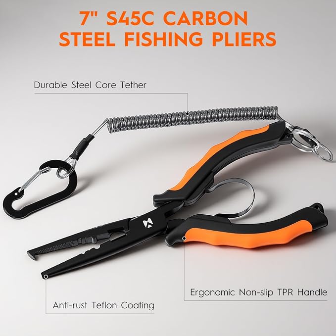 BasicGear Heavy-Duty Fishing Pliers - 7" S45C Carbon Steel Head with Teflon Coating, External Spring & Steel-Core Lanyard