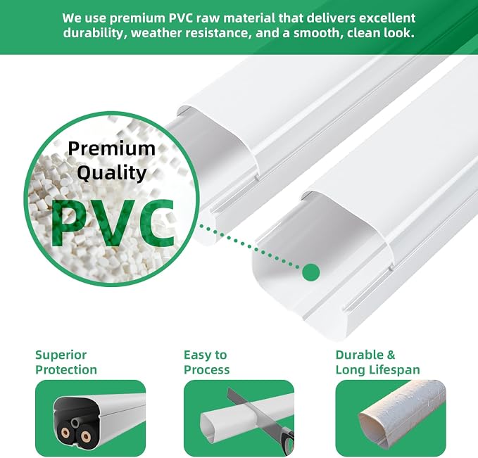 3 Inch 10Ft PVC Mini Split Line Set Cover, Paintable Slim Decorative Tubing Kit for Ductless Air Conditioners, Central AC, Heat Pump Systems, HVAC Line Hide - white
