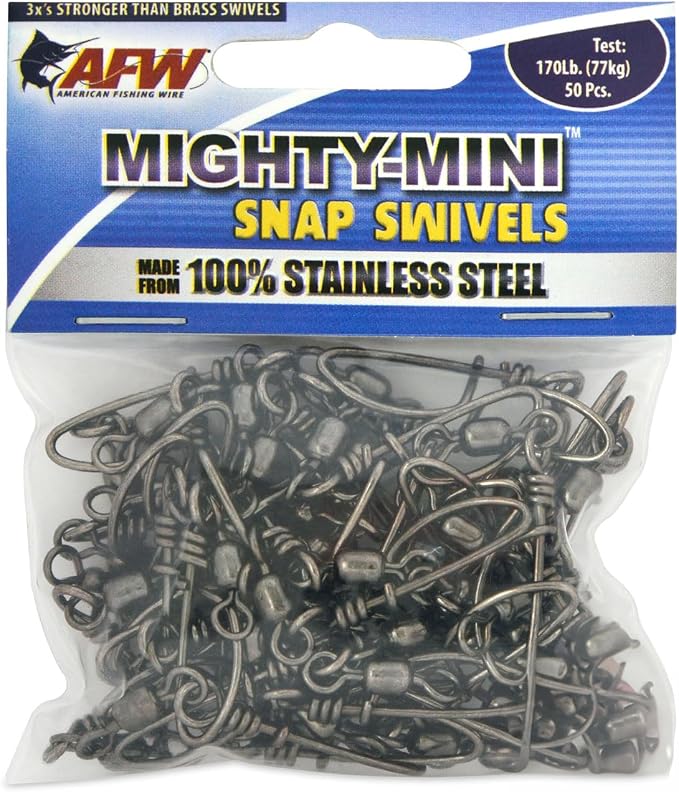 American Fishing Wire Fishing Swivels - Mighty Mini 100% Stainless Steel Snap Crane Swivels, 3X Stronger Than Brass, For Terminal Tackle Box, Up to 600lb Test - Fishing Gear for Fishing Line Leaders