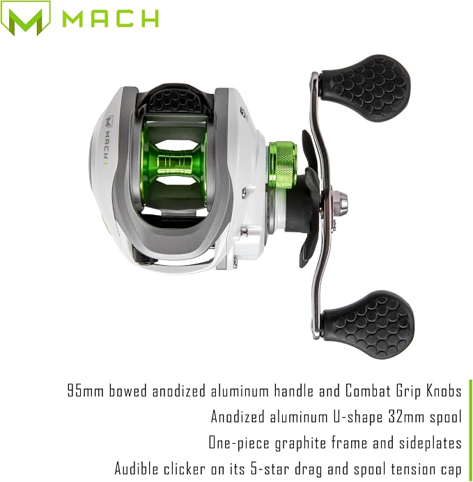 Lew’s MACH 1 Baitcast Fishing Reel, 7+1 Bearings, 7.5:1 Gear Ratio, Graphite Frame and Sideplate, Multi-Setting Brake, Speed Gears, White/Gray/Green