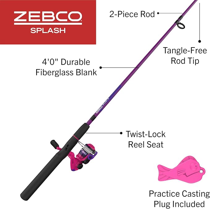 Zebco Splash Junior Spinning Reel and Fishing Rod Combo, 4-Foot 2-Piece Fishing Pole, Changeable Right- or Left-Hand Retrieve, Pre-Spooled with 6-Pound Zebco Line