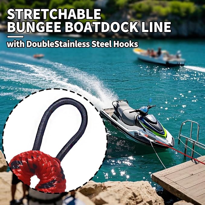 4-5.5ft, Bungee Dock Line with Stainless Steel Clip Safe Boat Rope Mooring String with Foam Float for Pontoon, Boat Accessories, Sea Doo,2 Pack （Red&Black）