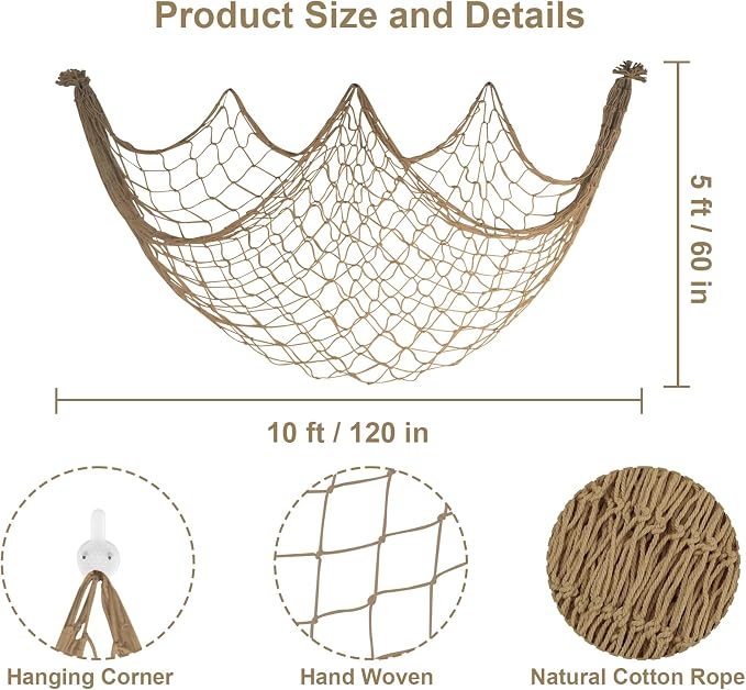 10x5 Feet X-Large Fishing Net Decor for Party - 2 Pack Brown Fish Net Decorations Under The Sea Hawaiian Pirate Beach Party Decorations, 3mm Cotton Fishnet Ocean Nautical Themed Wall Table Decor