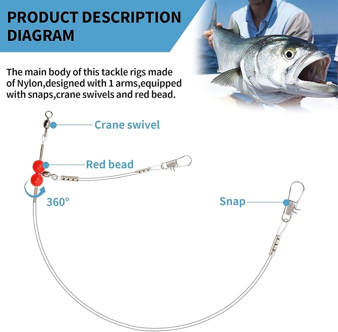 YOTO Fishing Leaders,Saltwater Tackle Rig with Swivels Snap, High-Strength Fishing Wire Gear Equipment for Lures Bait Or Hooks,1Arm and 2Arm