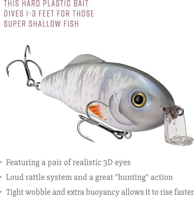 Strike King Hybrid Hunter Shallow Jr. Fishing Lure, Shallow Diving Crankbait, 90-Degree Bill, 3D Eyes, Loud Rattle, Dives 1 to 3-Feet,Size 4 & 6 Treble Hooks