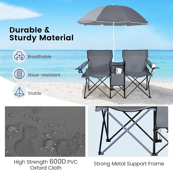 Tangkula Double Camping Chairs with Umbrella, Portable 2 Seat Folding Camp Chair with Cooler Bag, Beverage Holder, Carrying Bag, Foldable Lawn Chair for Outside, Fishing, Picnic, Beach