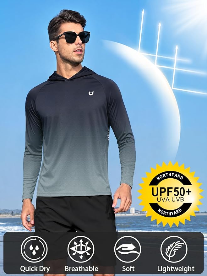 NORTHYARD Men's UPF 50+ Rash Guard Hoodie Long Sleeve Sun Protection Shirt Fishing Swim Beach Hiking Quick Dry Lightweight