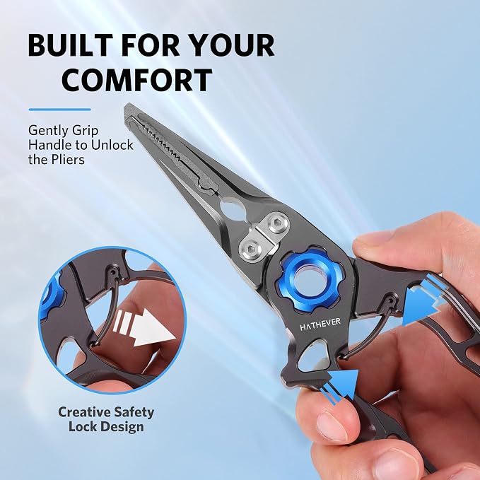 Fishing Pliers Hook Remover, Saltwater Split Ring Pliers with Safety Lock, Fishing Gear with Sheath and Lanyard, Fishing Gifts for Men