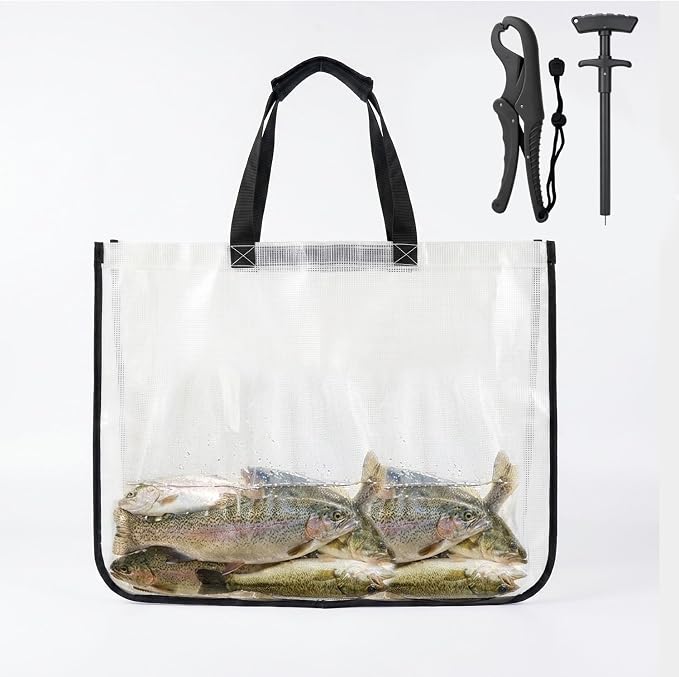 3-In-1 Fish Tote Fishing Tournament Weigh In Bag Fish Thick Durable Clear Poly Mesh Bag Leakproof Tear Resistant Tote 24'' x 18.5'', w/ 9" Floating Fish Lip Gripper & Hook Remover