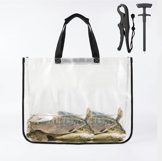 3-In-1 Fish Tote Fishing Tournament Weigh In Bag Fish Thick Durable Clear Poly Mesh Bag Leakproof Tear Resistant Tote 24'' x 18.5'', w/ 9" Floating Fish Lip Gripper & Hook Remover