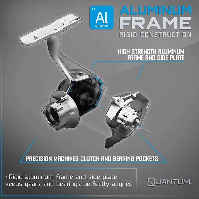 Quantum Strive Spinning Fishing Reel, Rigid Aluminum Frame, Graphite Rotor, Sealed Design, CFX200 Carbon Fiber Xtreme Drag, Silver/Blue
