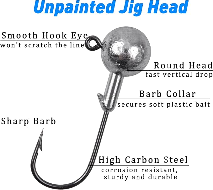 Jig Heads Fishing Hooks Crappie Jigs Unpainted Jig Heads Round Ball Sharp Fishing Jigs Hooks for Bass Trout Crappie Walleye Saltwater Freshwater