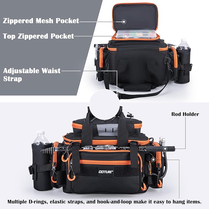 Goture Fishing Tackle Bag, 600D Water-Resistant Soft Side Crossbody Sling Bag with Rod Holder,Small Gear Storage Tactical Bags for Saltwater & Freshwater,Fits 4 3600 Tackle Boxes (Not Included)
