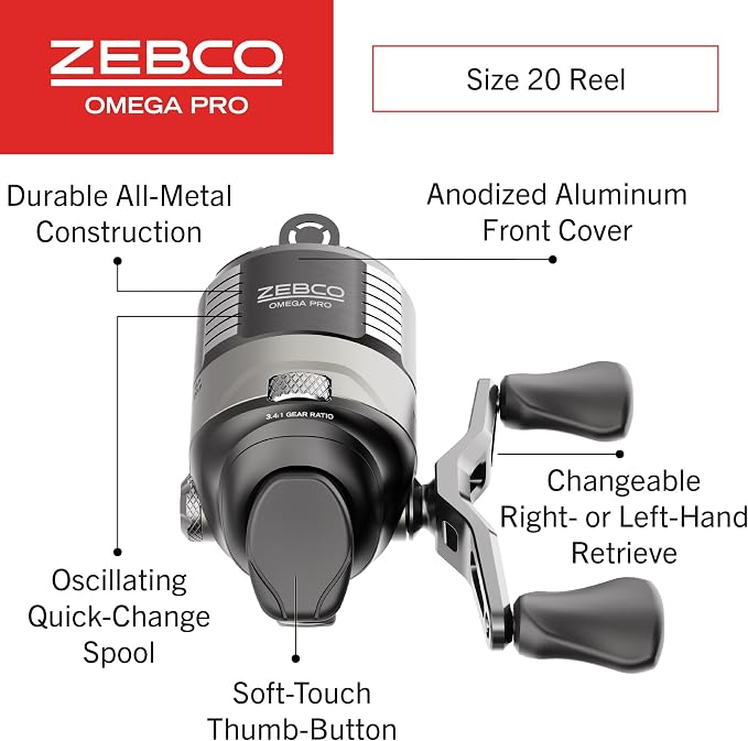 Zebco Omega Pro Spincast Fishing Reel, Dual Ceramic Pick-up Pins, Solid-Brass Pinion Gear, GlideLine ll Line Retrieval System, Pre-Spooled