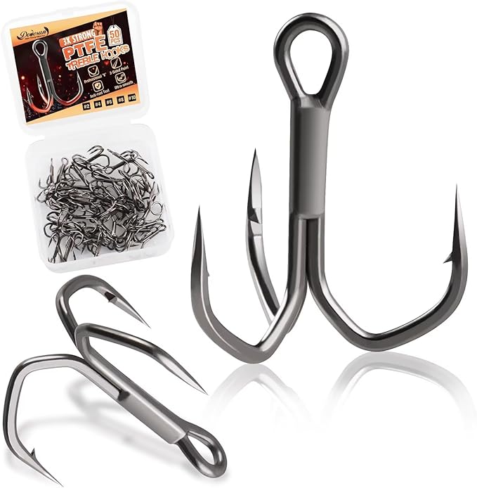 Dovesun Fishing Treble Hooks, Triple Hooks 3X Strong Professional V, 50PCS High Carbon Steel Replacement Fishing Hooks for Saltwater and Freshwater, Sizes #10#8#6#4#2