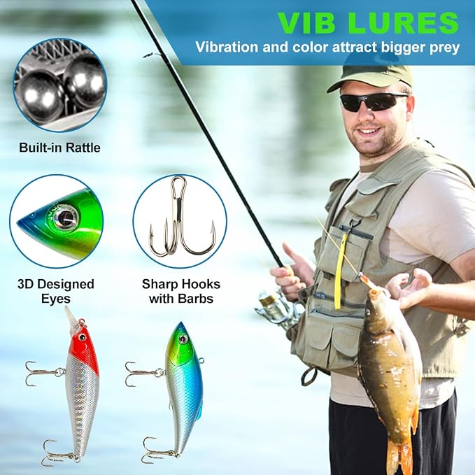 GOANDO Fishing Lures Kit for Freshwater Bait Tackle Kit for Bass Trout Salmon Fishing Accessories Tackle Box Including Spoon Lures Soft Plastic Worms Fishing Gifts