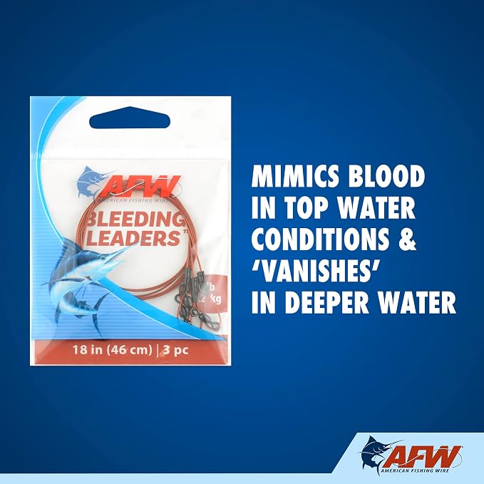 AFW Bleeding Leaders – Blood Red Nylon Coated 1x7 Stainless Steel Wire Fishing Leaders, Interlock Snap, for Toothy Fish, 20–30 lb Test, 12–18 inch, 3-Pack