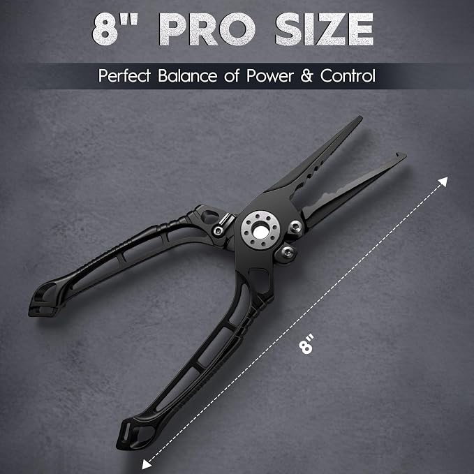BASICGEAR Pro Fishing Pliers, 17-4PH Stainless Steel, 8", Saltwater Resistant, Braid Cutter, Split Ring Tool, Gunmetal Gray