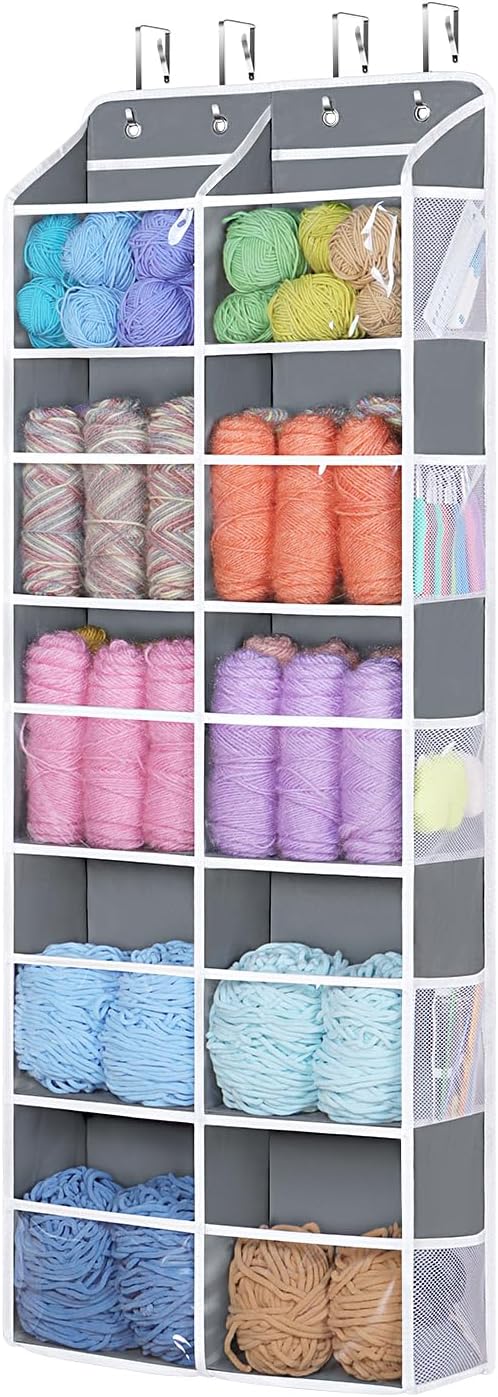 Univivi Over Door Hanging Yarn Storage Organizer, 5 Tiers Hanging Yarn Knitting Organizer with 10 Mesh Side Pockets for Crochet Accessories, Knitting Needles and Yarn Balls