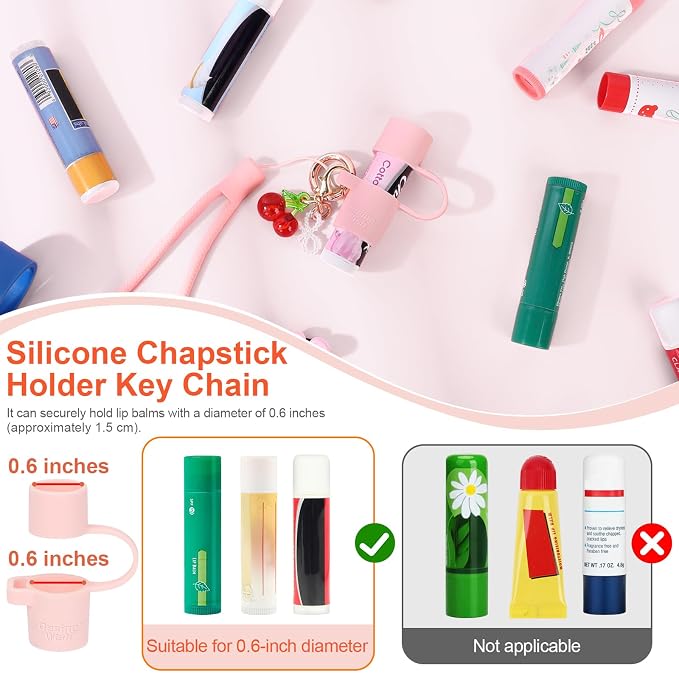 Silicone Chapstick Holder Key Chain with Cute Cherry Keychain Bag Charm Portable Lip Balm Holder Sleeve Chapstick Keychain Holder with Wrist Strap Lanyard - Pink