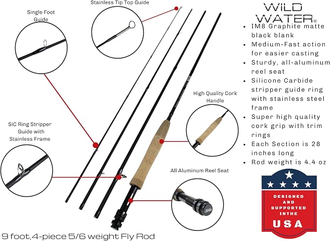 Wild Water Fly Fishing Combo Starter Kit with CNC Machined Fly Reel, 9 Foot, 4-Piece, 5/6-Weight Graphite Fly Rod with Cork Handle, Accessories, Carrying Case, Fly Box Case & Fishing Flies