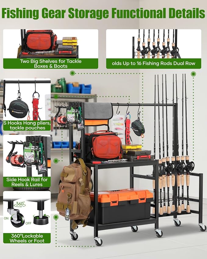 EXTCCT Fishing Rod Holders for Garage, Fishing Pole Rack Holds Up to 16 Rods with Hooks, Heavy Duty Rolling Fishing Cart with Wheels, Fishing Equipment Storage for Man's Gift (Black)