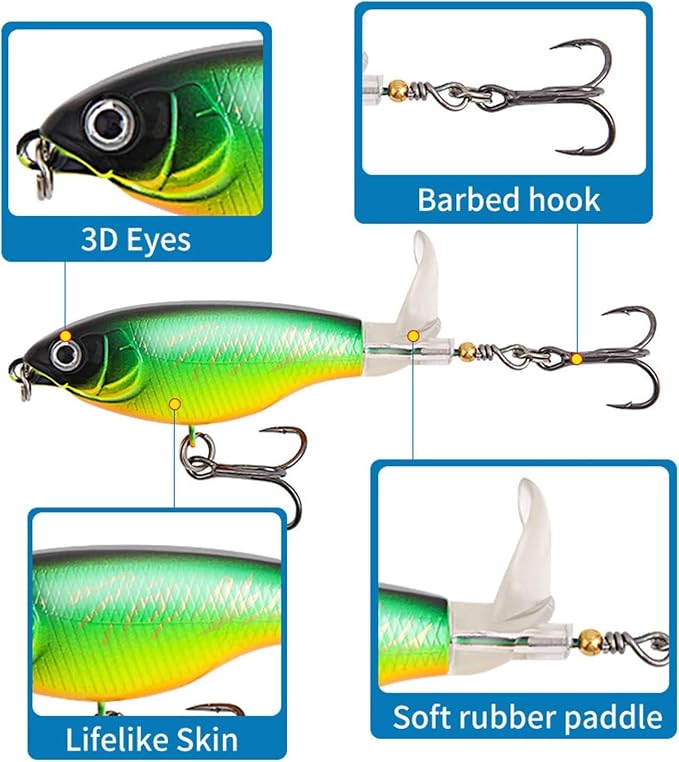 Topwater Fishing Lures Bass with Floating Tractor Rotating Tail Barb Treble Hooks Artificial Hard Bait Swimbait Lures Surface Crankbait for Bass Trout Walleye Pike Musky Fishing Topwater