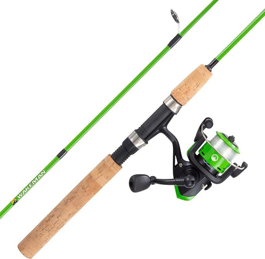 Fishing Rod and Reel Combo - Kettle Series Fiberglass Pole with Spinning Reel, Cork Handle, and Beginners Tackle Kit by Wakeman