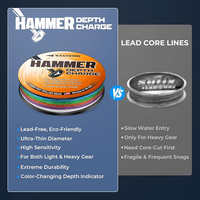 KastKing Hammer Depth Charge Weighted Fishing Line- Made in The USA, Lead-Free Fast Sinking 9-Carrier Braided Fishing Line, Nano Bismuth Coated Saltwater Trolling Line, Color Changes Every 10 Yards