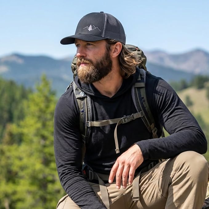 LINDO Trucker Hat [ Great Outdoors Design ] for Men and Women: Mid Profile Cap with Breathable Mesh Back and Adjustable Snap