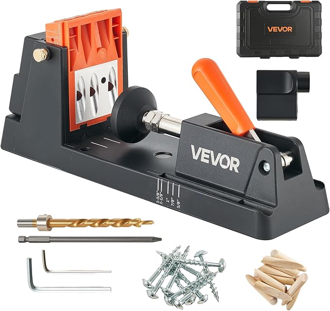 VEVOR Pocket Hole Jig Kit, 1/2" to 1-1/2" Adjustable, Lightweight Jig Pocket Hole System with Dust Collection Adapter, Detachable Guide Block, Drill Bit, Stop Collar, Easy Adjusting, for Woodworking