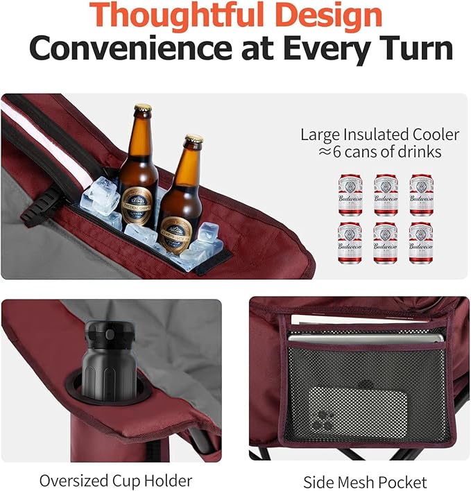 Overmont Oversized XL Camping Chair for Adults - 500lbs Support Heavy-Duty Padded Folding Chair with Side Pocket Cup Holder Cooling Bag for Outdoor Sports Garden Beach Fishing Lawn Red