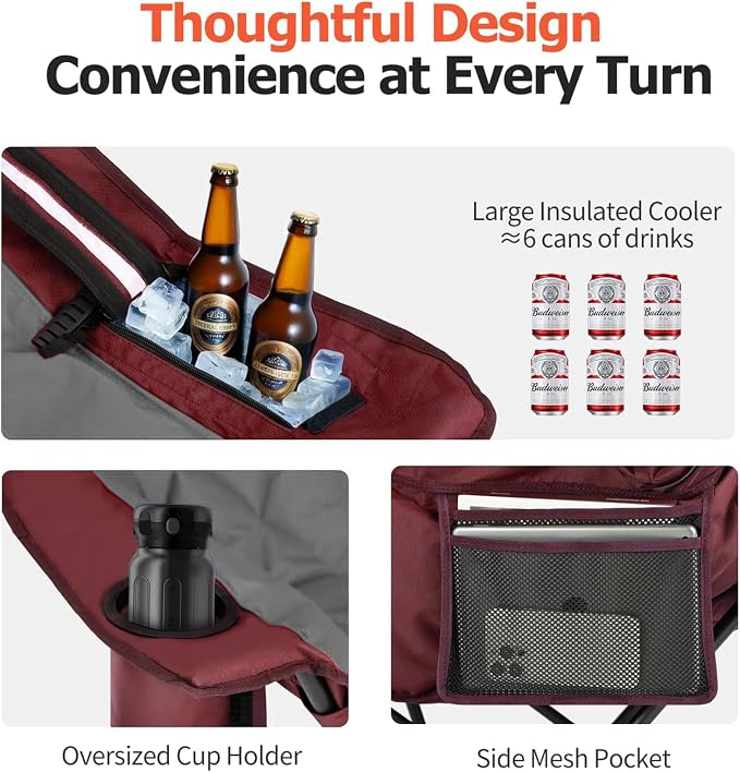 Overmont Oversized XL Camping Chair for Adults - 500lbs Support Heavy-Duty Padded Folding Chair with Side Pocket Cup Holder Cooling Bag for Outdoor Sports Garden Beach Fishing Lawn Red 2pcs