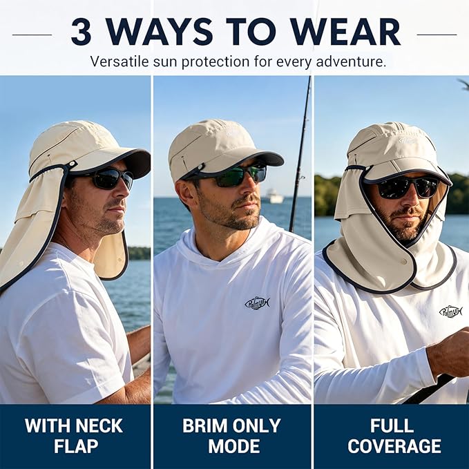 Palmyth Fishing Sun Hat with Detachable Neck Flap UPF 50+ Lightweight Hiking Hats Sunglass Lock Baseball Cap for Men Women