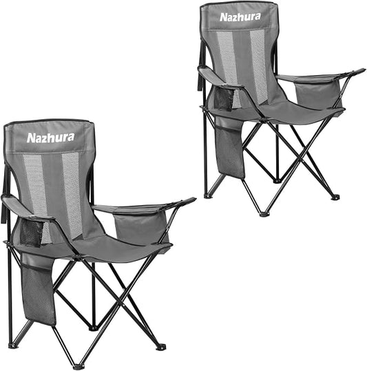 Nazhura 2 Pack Outdoor Camping Chairs Folding/Foldable/Portable with Cooler Pouch, Mesh Backrest and Cup Holder Pocket(Grey, 2 Pack)