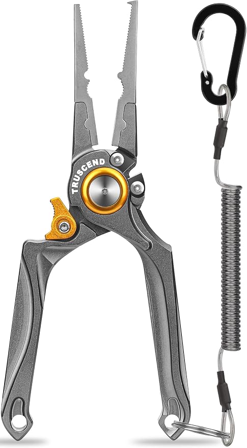 TRUSCEND Easy Use Lockable Fishing Pliers with Tungsten Carbide Cutter, Innovative Ergonomic Handy Handle, Saltwater Corrosion Resistant Teflon Coated Fishing Tool, Light Multi-Function Fishing Gear